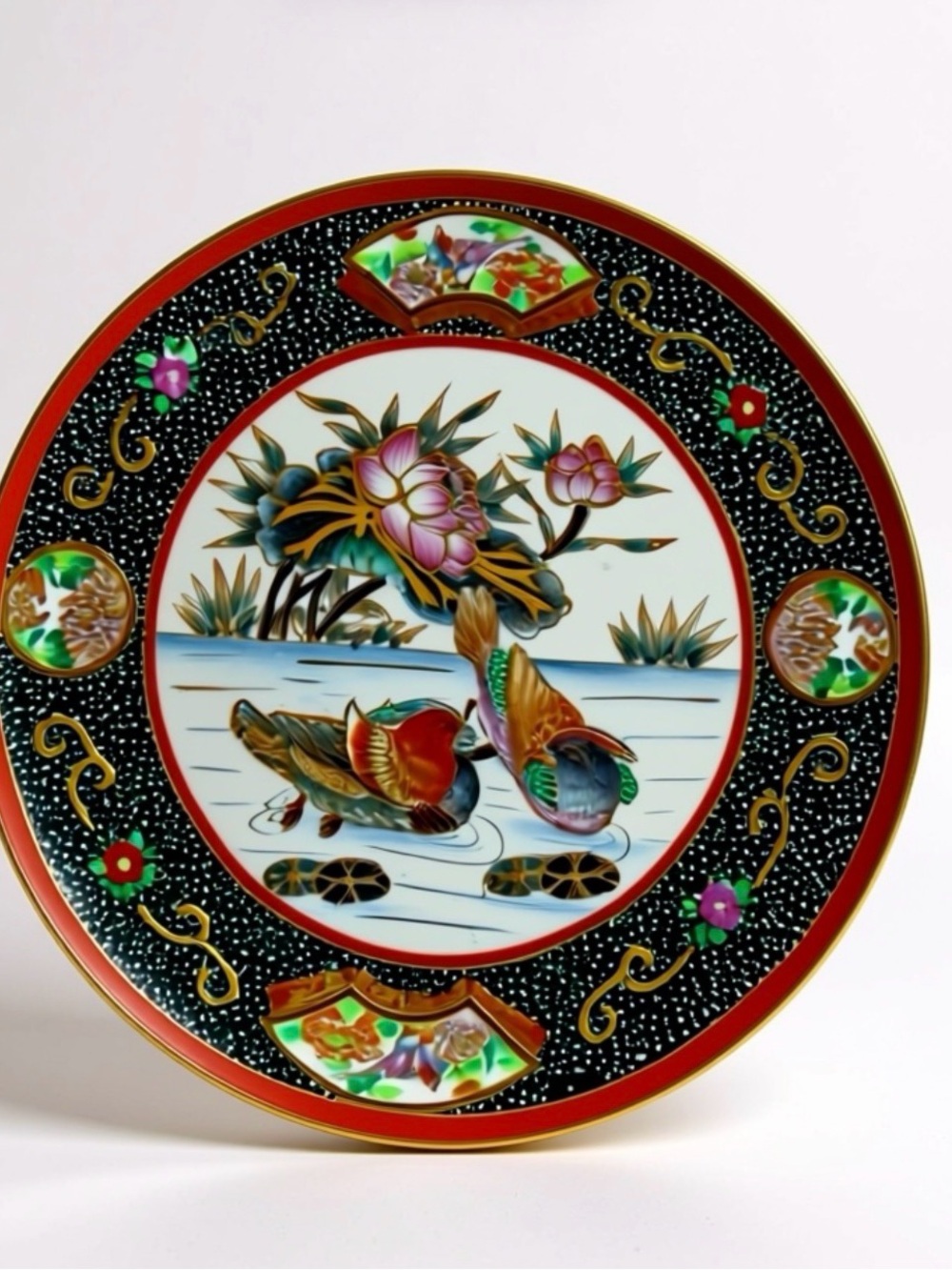 Decorative Mandarin Duck Porcelain Plate - Black & Red Floral